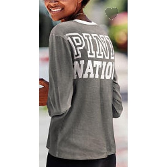 Vs Victorias Secret PINK LONG SLEEVE RINGER TEE SHIRT TOP CLAY GREY M - Picture 5 of 6